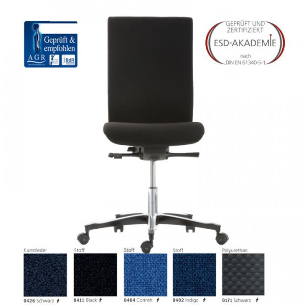 EP0805114 ESD-Drehstuhl ERGO QUADRA QS schwarz mit dreistufiger Sitzneigeverstellung und Sitztiefenverstellung (6 cm)